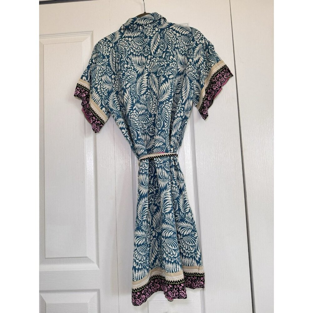 LOFT Printed Shirt Dress Belted Teal Pink Floral Boho Short Sleeve Size 8 - Picture 11 of 13